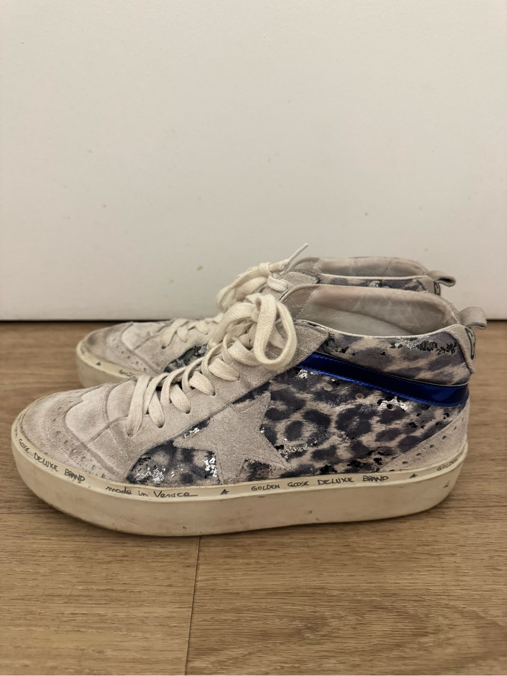 RARE Golden Goose Style Leopard Print Midstar in Cream & Blue